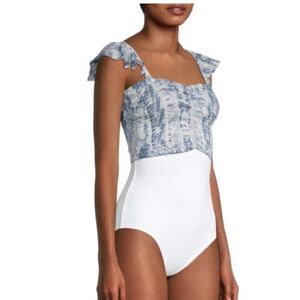 LA MODA CLOTHING Shirred Tie-Dye Cover-Up Crop Swim‎ Top, Blue/White, L/XL, NWT